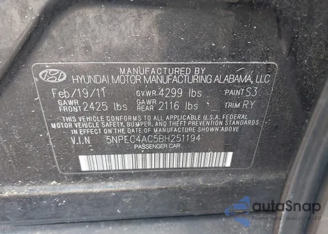 2011 Hyundai Sonata Se из США, поврежденный, VIN 5NPEC4AC5BH251194